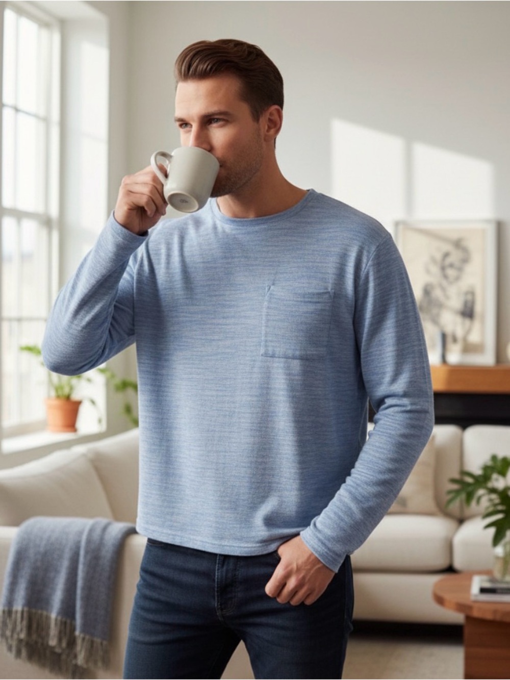Banana Republic Casual Two-Tone Light Blue LuxeSpun Long Sleeved Top